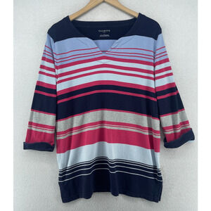 TALBOTS Top L Terry Tunic Striped Split Neck 3/4 Sleeve Cotton Blue Pink